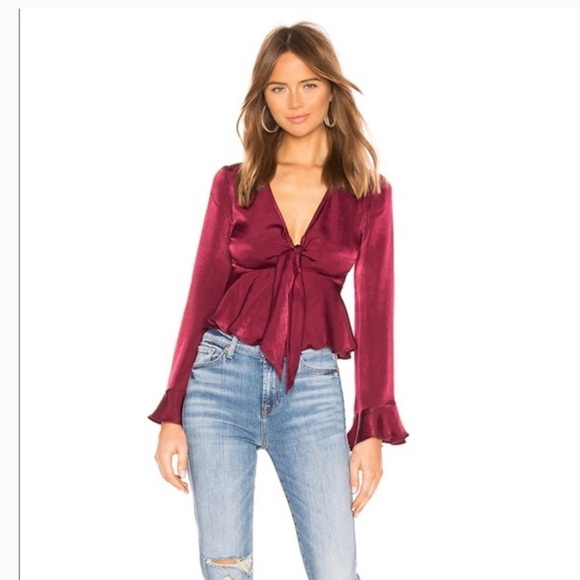 LOVERS + FRIENDS / Grenadine maroon burgundy satin tie front plunge Top medium - Picture 1 of 6